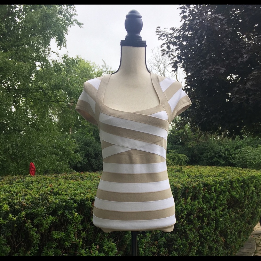 WHBM Tan/white striped cross front top M